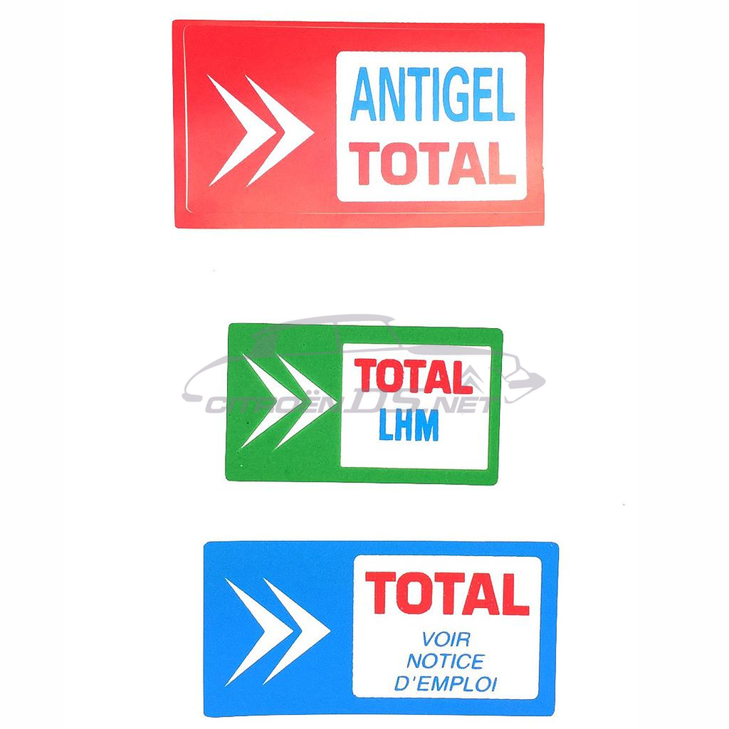 Stickers set, &quot;TOTAL&quot;, 3 pieces, (LHM, Antigel, huile moteur)